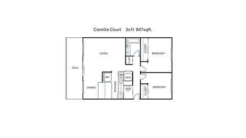 Floor plan for 2 beds, 1 bath, 950 sqft